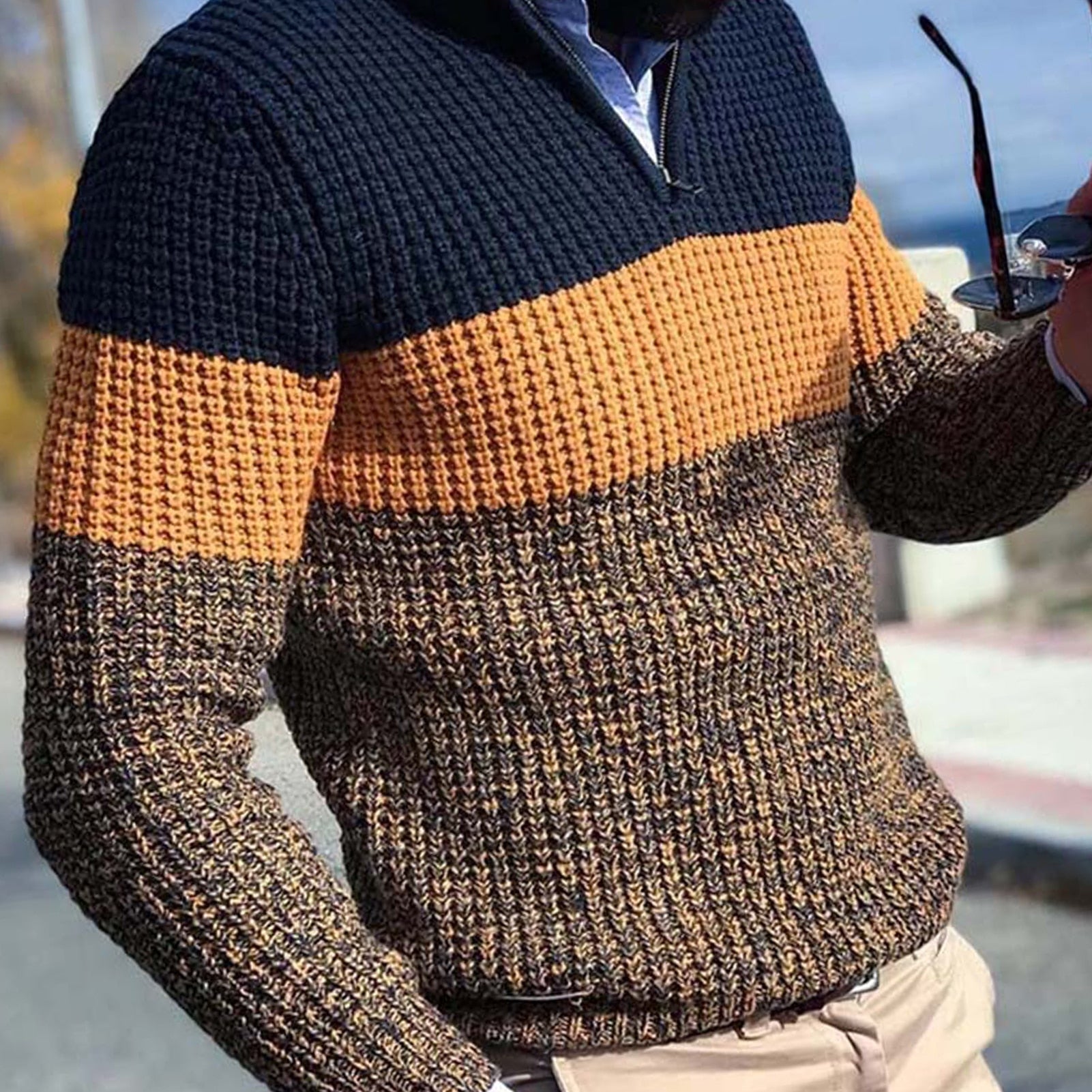 Men Autumn Winter Pullover Jumper1 Long Sleeve V Neck Color Block Knitted Sweater