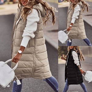 Women's Long Winter Coat Vest With Hood Sleeveless Warm Down Coat With Pockets